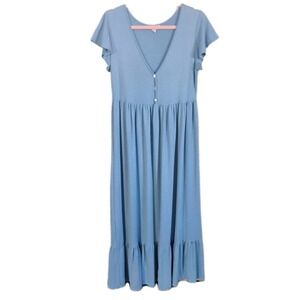 Anthropologie See You Monday Blue Midi Dress L‎ Button Front Flutter Sleeve